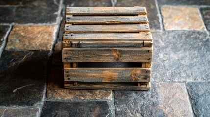 Rustic wooden crate on stone floor, interior setting, product display