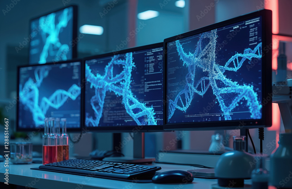 Poster DNA structure sequencing data on monitors in laboratory setup genetic research. Advanced tech, biochemistry, genome, virus analysis. Health, science concept. Medical, medicine research, modern tech