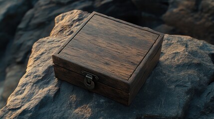 Obraz premium Wooden box on rocks, sunset background, treasure concept