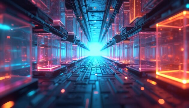 Abstract tech model background. Digital cyberspace structure with blue neon lights and network. Futuristic wallpaper with grid, mesh and virtual data. Sci-fi system design with light effects.