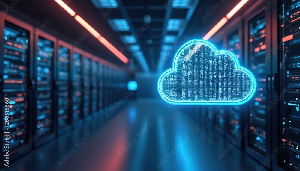Poster Large modern server room interior in neon light with a cloud data storage or data center. Blue glow symbolizes networking, processing and information technologies with AI integration.