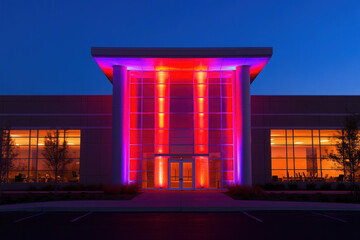 Obraz premium Modern office building illuminated with vibrant pink and purple lights at dusk, creating a striking contrast against the deep blue evening sky.