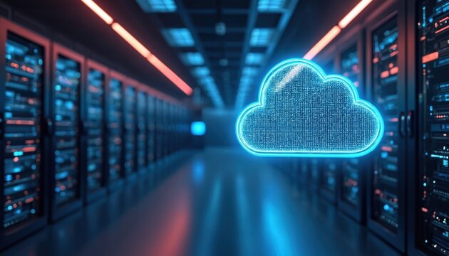 Large modern server room interior in neon light with a cloud data storage or data center. Blue glow symbolizes networking, processing and information technologies with AI integration.