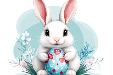 Obraz premium Adorable white easter bunny holding decorated egg in spring flowers