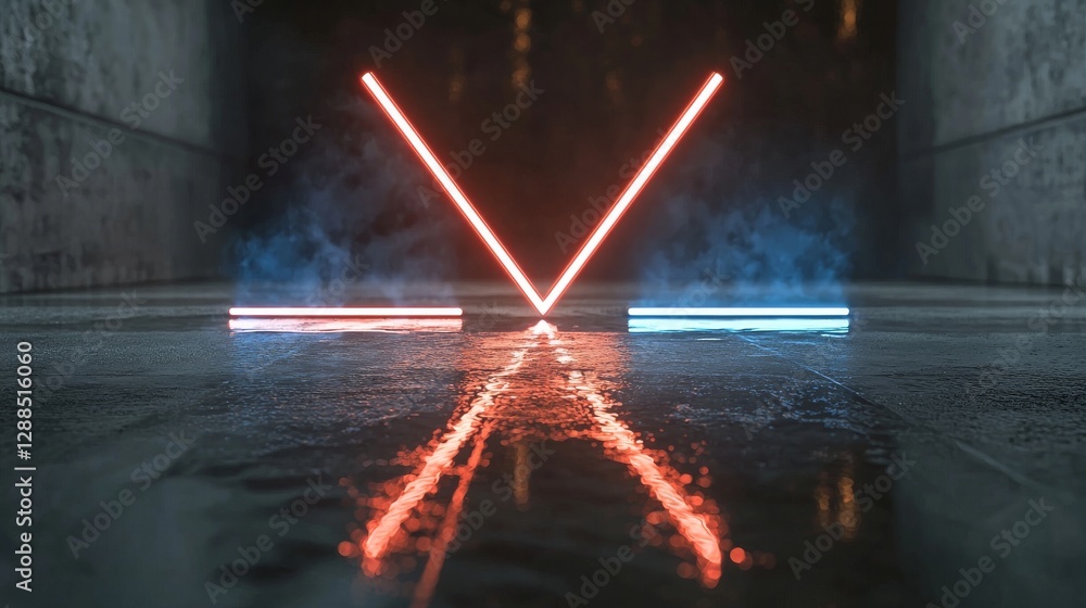 Poster a 3d rendering features an abstract background with neon panels that glow in the dark, set against a