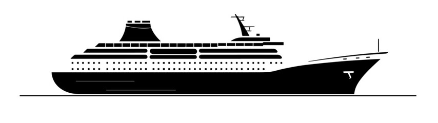 Black and white illustration of a cruise ship. Large passenger ship.