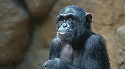 Fototapeta premium Chimpanzee Portrait Close-Up of Thoughtful Ape Against Rocky Backdrop