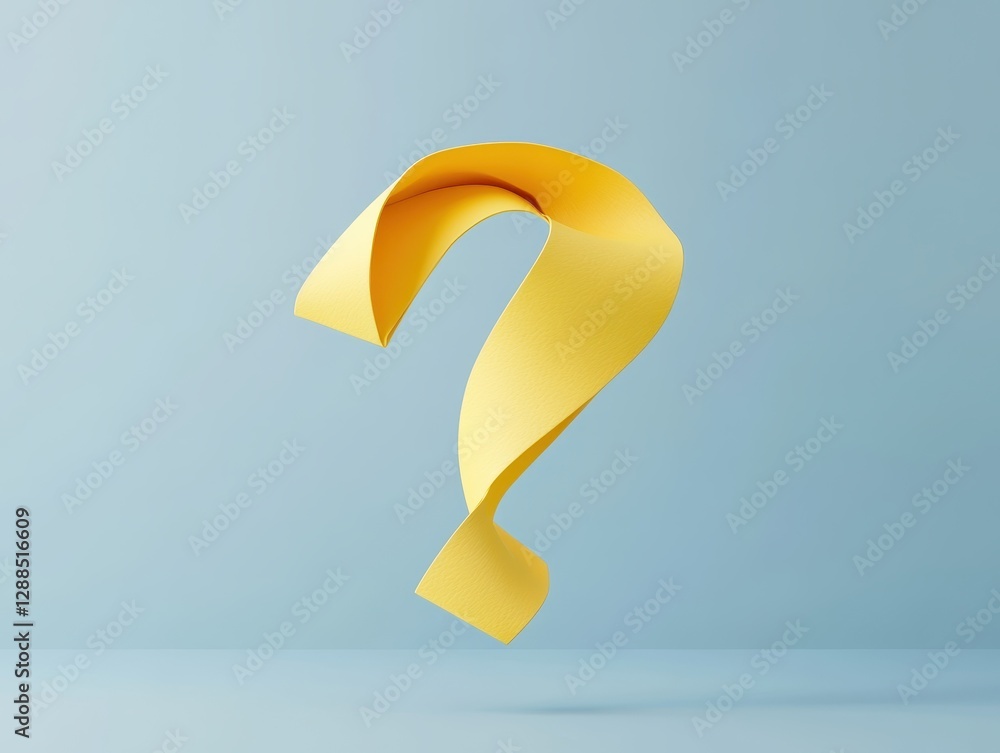 Poster abstract yellow question mark 3d render: intriguing minimalist design in soft blue background