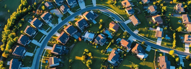 A drone shot of a newly developed suburban neighborhood