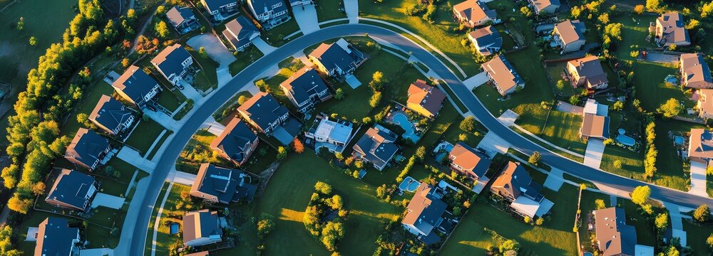 A drone shot of a newly developed suburban neighborhood