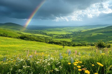 Rainbow touching green hills in blooming flower field