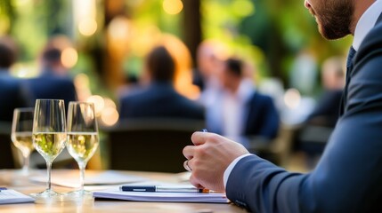 Businessman writing notes, outdoor meeting, colleagues blurred background, event