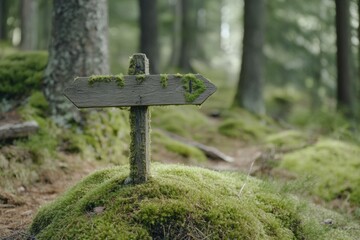Rustic wooden trail signpost covered in moss near a serene forest pathway. Generative AI