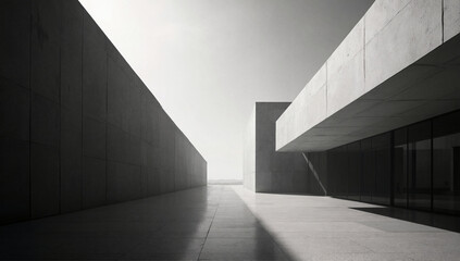 A striking black and white photograph of modern architecture showcases geometric lines and shadows, representing simplicity, elegance, and architectural artistry.
