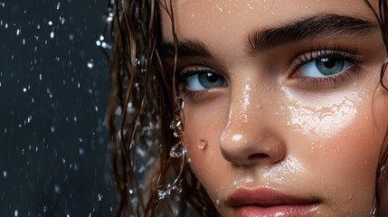 Woman's face, wet hair, water droplets, dark background, beauty ad