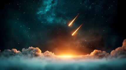 Breathtaking image of glowing meteor showers streaking through the serene night sky creating a mesmerizing and display against the deep dark void at the center of the frame