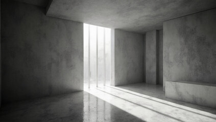 A modern minimalistic interior is enhanced by soft natural light penetrating through vertical slats, casting delicate shadows across the smooth concrete floor.