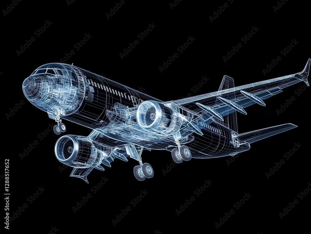 Poster airplane wireframe model: engineering design in 3d rendering