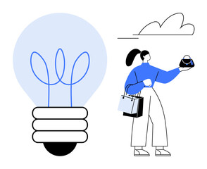 Woman holding a handbag and shopping bags, large light bulb, simple line cloud. Ideal for retail, innovation, modern life, lifestyle, consumer behavior, creativity business inspiration abstract