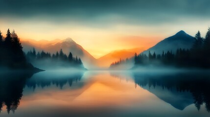 Fototapeta premium Breathtaking landscape of a frozen winter lake with icy blue reflections on both sides and a soft fading mist in the center creating a serene and ethereal atmosphere
