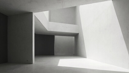 Obraz premium An intriguing modern architectural space filled with bright light creates a unique interplay of shadows and shapes, stimulating visual engagement and aesthetic appreciation.