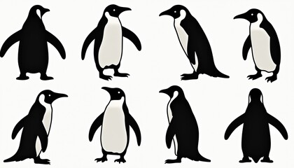 Obraz premium Black and white penguin illustrations showcases various poses and movements of these Antarctic birds. Simple minimalistic outlines marine species with flightless bird standing set of drawing elements.