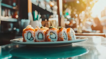 Delicious sushi rolls on plate, outdoor cafe, sunny day, menu background