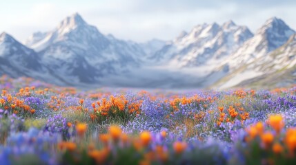 Fototapeta premium A breathtaking field awash with blooming purple and orange flowers; vibrant hues pop against a lush backdrop, creating an enchanting vista of color that captivates from foreground to horizon