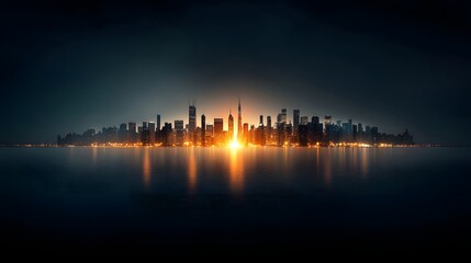 Naklejka premium Breathtaking night cityscape of a glowing symmetrical metropolis skyline reflected in the smooth tranquil black sky Towering skyscrapers and high rise buildings are illuminated with warm