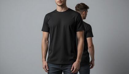 Modern plain black t-shirt mockup template in photo studio setting with male model - front and back views, stylish apparel mockup for fashion brand presentation