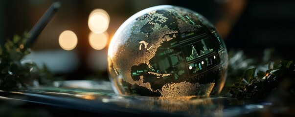 A futuristic HUD user interface features a 3D global world map and business data charts on a digital screen head-up display dashboard panel with blue holograms of circular diagrams and statistic