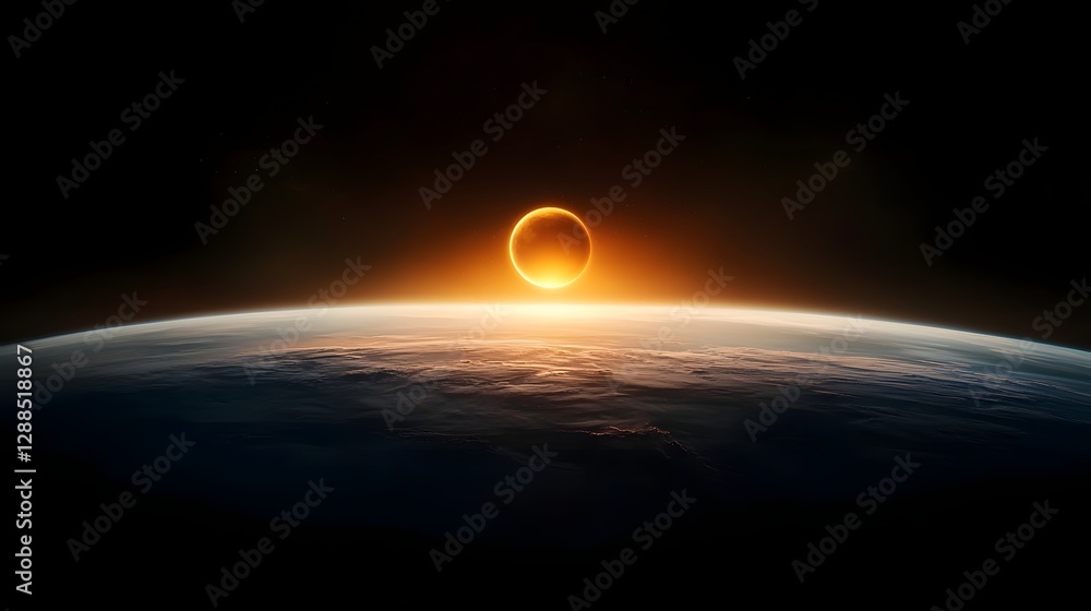 Poster breathtaking solar eclipse with a glowing golden corona light on the horizon set against a smooth gr