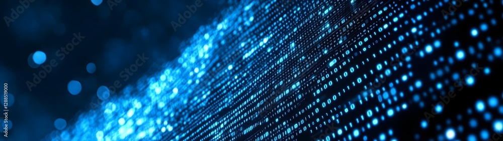 Poster Vibrant Blue Digital Abstract Background with Flowing Data Particles and Glowing Neon Lights  Futuristic Technology Computer Code and Interconnected Networks Concept