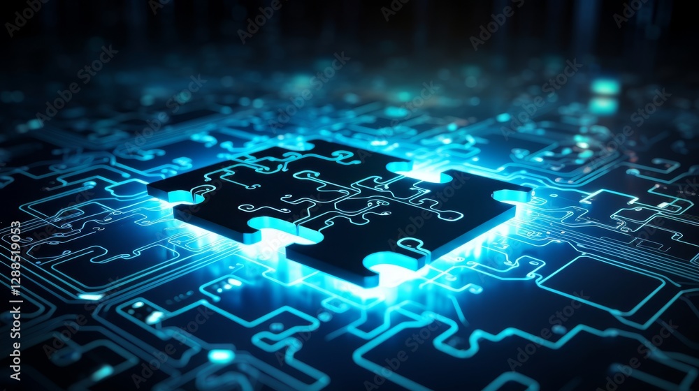 Poster illuminated puzzle piece on a dark futuristic circuit board with a blue and cyan color scheme