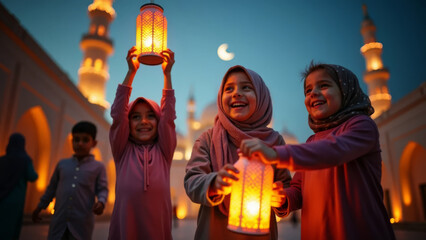 Naklejka premium Muslim children in traditional clothing holding lanterns in front of a mosque with a glowing crescent moon in the background during Ramadan Kareem.