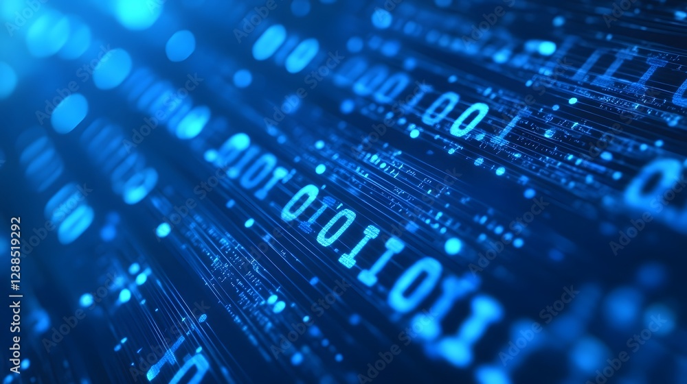 Poster Vibrant Blue Digital Microchip Technology Abstract Circuit Background  Closeup of intricate electronic circuit board with futuristic binary data flow