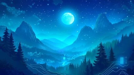 Fototapeta premium Tranquil Winter Wonderland: Cyberpunk Mountain Nightscape in Digital Art