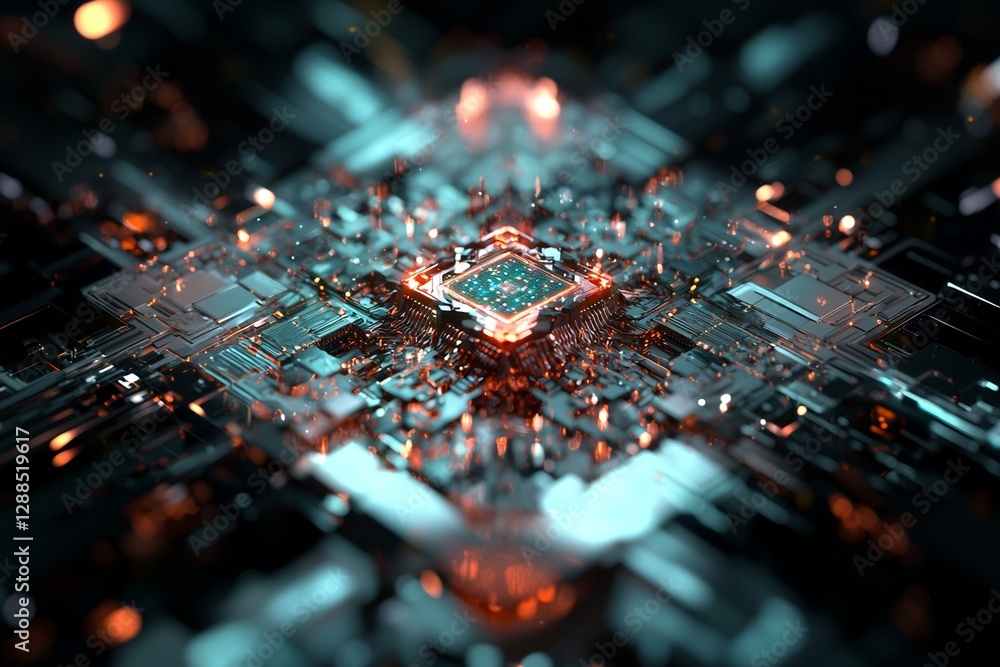 Poster a creative hologram of a glowing chip circuit is set against a dark background, representing cpu and