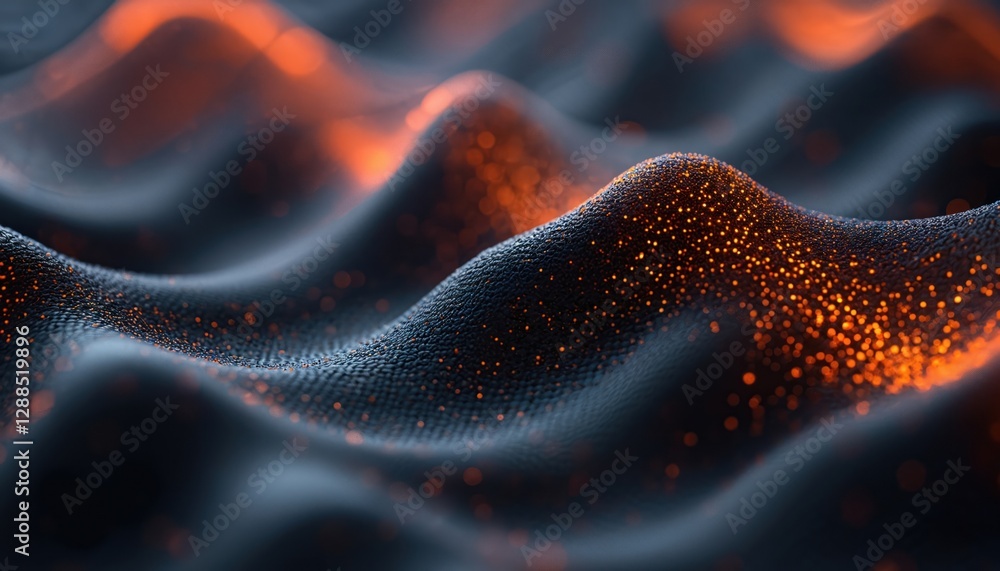 Aufkleber Illustration of wavy dark material with orange glowing dots. Abstract 3D rendering resembling carbon fiber texture with depth. Modern tech style, graphic design wallpaper, futuristic background.