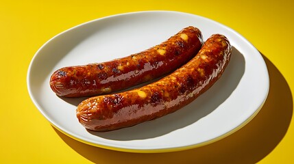 Two grilled sausages displayed on a white plate on yellow background