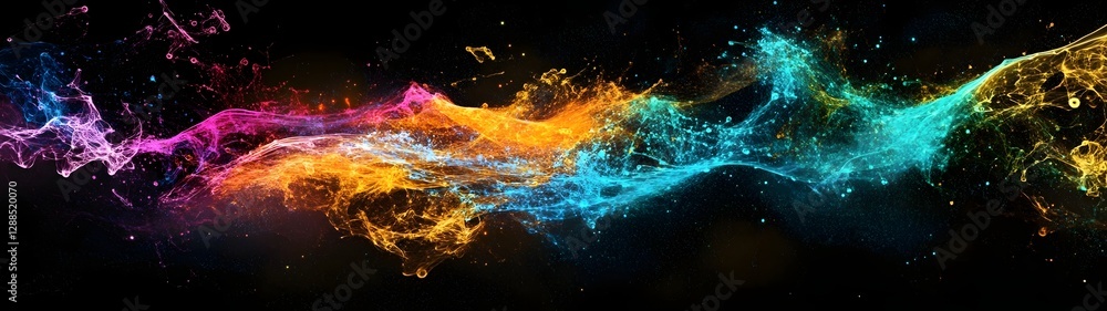 Poster Vibrant Cosmic Storm   Explosive bursts of galactic energy and luminous digital plasma swirl and clash across the digital spectrum creating a mesmerizing display of abstract futuristic visuals