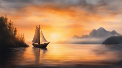 Fototapeta premium Serene Sunset Over Calm Waters with a Sailing Ship in the Distance