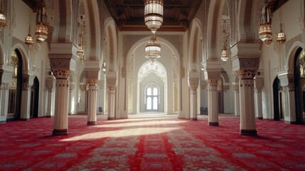 Obraz premium Sunlit Mosque Interior, Prayer Hall, Red Carpet, Architecture, Peaceful Background