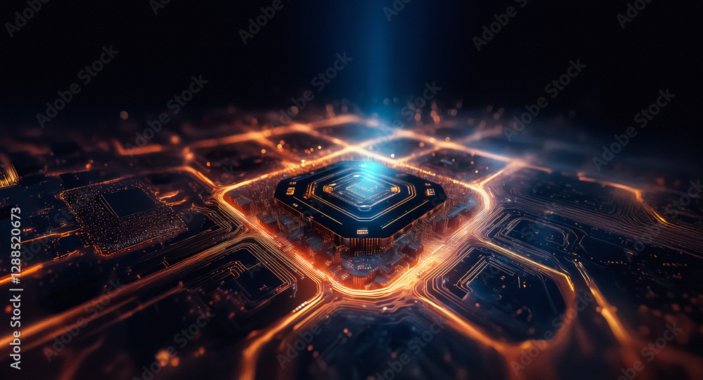 Aufkleber glowing circuit board with orange lines focusing on a bright blue center light. dark backdrop. digit