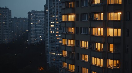 Obraz premium Night city apartment building, illuminated windows, urban skyline, residential, real estate