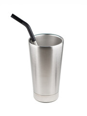 Stainless steel tumbler with metal drinking straw isolated on white background. Tumbler thermo container for water drinks.