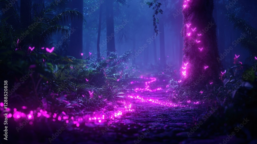 Aufkleber a mystical forest scene illuminated by glowing pink lights, creating an enchanting pathway through t