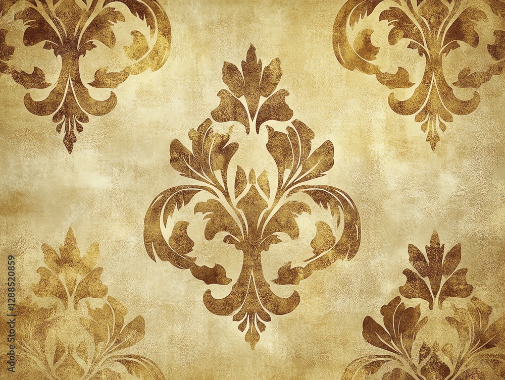 Poster ornate gold damask pattern on beige textured background design element