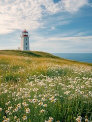 the Lonstrup lighthouse on a bright summer day, with wildflowers in bloom and the scent of salty sea air