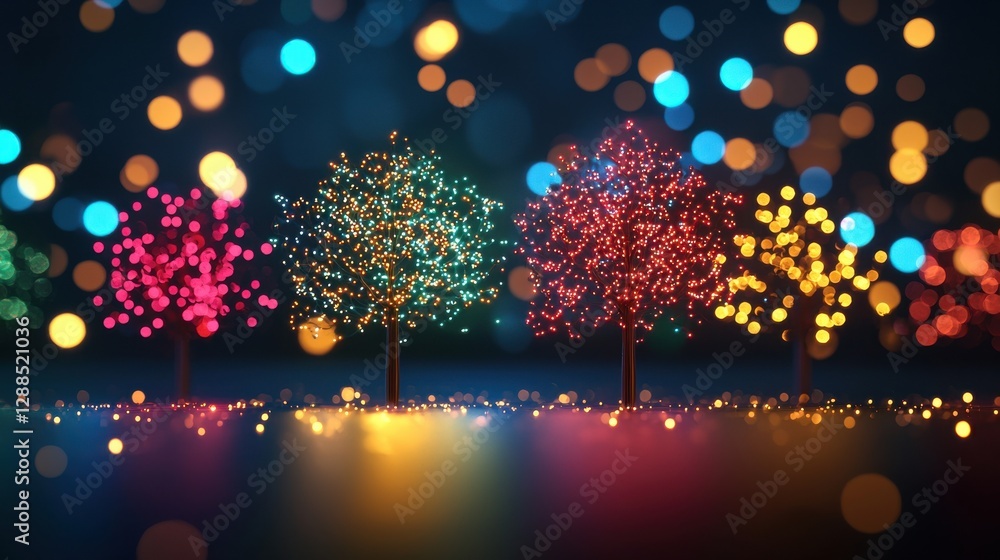 Poster colorful illuminated trees with glowing lights against a dark background, creating a festive and enc